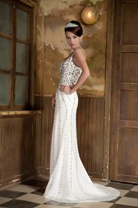 White Beaded Zipper-up Chiffon Popular Prom Evening Dress with Brush Train