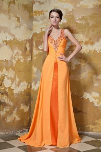 Fabulous Orange V-neck Chiffon Beaded Prom Dress for Ladies
