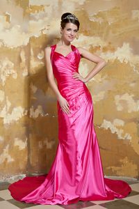 Hot Pink Straps Ruched Taffeta Prom Dress for Anniversary on Sale