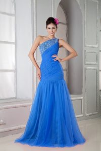 Sky Blue One Shoulder Long Ruched Beaded Prom Dresses for Parties