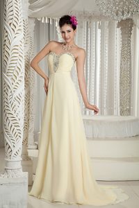 Sweetheart Light Yellow Ruched Chiffon Prom Dress with Beading