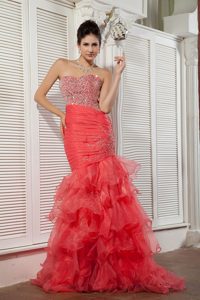Beaded Sweetheart Coral Red Ruched Ruffled Organza Prom Dress