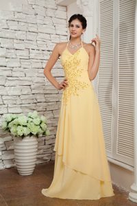 Halter Spaghetti Straps Long Light Yellow Ruched Appliques Prom Dress
