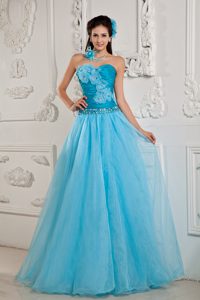 Aqua Blue Sweetheart Long Ruched Beaded Prom Dresses with Flowers
