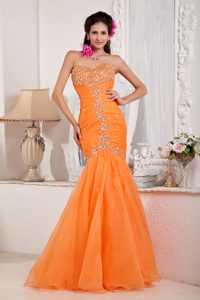 Sweetheart Long Orange Mermaid Ruched Beaded Organza Prom Dress