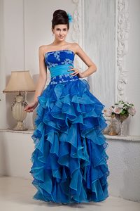 Cheap Strapless Long Royal Blue Prom Dress with Ruffles and Appliques