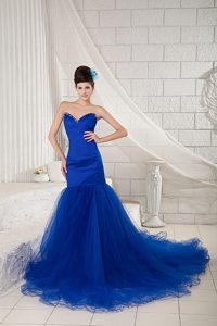 Royal Blue Sweetheart Court Train Taffeta and Tulle Beaded Prom Celebrity Dress