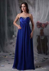 Sweetheart Long Royal Blue Beaded Chiffon Prom Dresses with Ruching