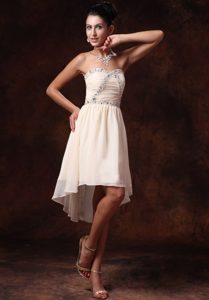 Strapless Asymmetrical Ruched Champagne Chiffon Prom Dress with Beading