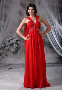 Wine Red Straps Long Ruched Chiffon Prom Dress with Beading on Sale