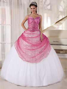 Rose Pink and White Sequin Sweet Sixteen Dresses with Spaghetti Straps