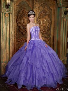 Maxi Strapless Purple Quinceanera Gown Dress with Appliques in Organza