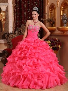 Bright Hot Pink Strapless Organza Beading Quinces Dress with Appliques