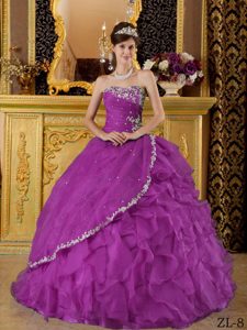 Wonderful Purple Strapless Appliques Dresses for Quinceaneras in Organza