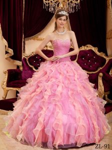 Good Quality Rose Pink Sweet Sixteen Beading Quince Dresses in Organza