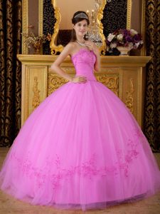 Dramatic Pink Ball Gown Sweetheart Appliqued Quinceanera Dress in Tulle