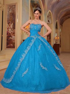 Teal Sweetheart Organza Best Dress for Quince with Embroidery and Beading
