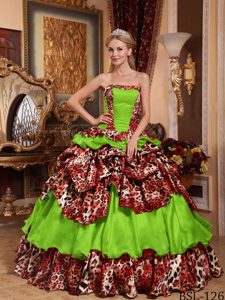 Spring Green Strapless Taffeta and Leopard Quinceanera Dress with Pick-ups