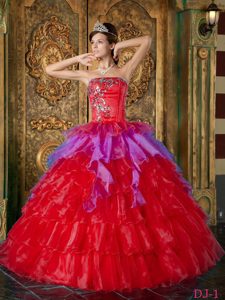 Red Ball Gown Quinceanera Dress in Organza with Ruffles for Less