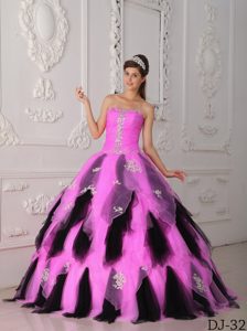 Strapless Organza Appliqued Quinceanera Dress in Hot Pink and Black