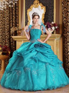 Teal Spaghetti Straps Quinceanera Dress in Organza with Appliques on Sale