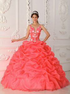 Coral Red Ball Gown Satin and Organza Quinceanera Dresses with Pick Ups
