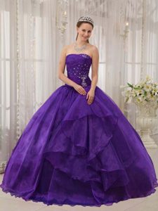 Eggplant Purple Ball Gown Strapless Organza Dress for Quince with Beading