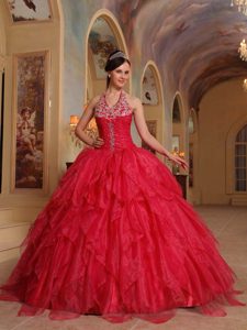 Red Ball Gown Halter Organza Embroidery Quinceanera Dresses with Ruffles