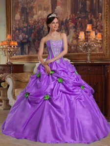 Purple Strapless Taffeta Quinceanera Dresses with Beading and 3D Flowers