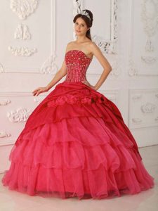 Cute Red Strapless Organza and Taffeta Quinceanera Dresses with Beading