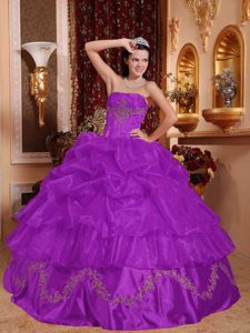 Purple Strapless Appliqued Dress for Quince with Pick Ups Made in Organza