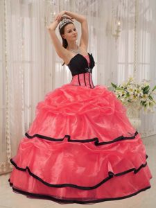 Red and Black Strapless Satin and Organza Quinceanera Dress with Pick Ups
