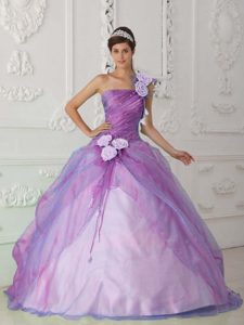Rose Pink Ball Gown One Shoulder Dress for Quince with Hand Made Flowers