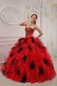 Unique Red and Black Organza Quinceanera Dress with Ruching and Beading