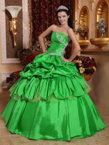 Green Ball Gown Strapless Taffeta Appliqued Dress for Quince with Pick Ups