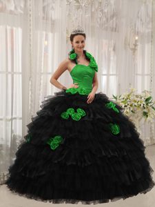 Green and Black Halter Quinceanera Dresses with Hand Flowers in Organza