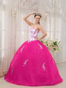 Cute White and Hot Pink Appliqued Dress for Quince in Taffeta and Organza