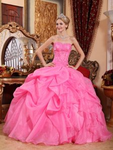 Rose Pink Ball Gown Strapless Organza Quinceanera Dresses with Appliques