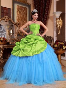 Spring Green and Blue Quinceanera Dress with Pick Ups in Taffeta