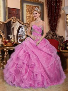 Rose Pink Sweetheart Organza Quinceanera Dress with Appliques and Ruffles