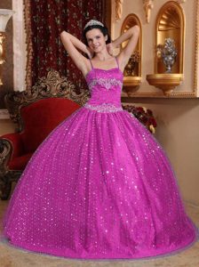 Hot Pink Spaghetti Straps Quinceanera Dresses with Appliques and Sequins