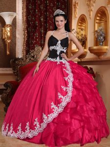 Coral Red V-neck Taffeta and Organza Quinceanera Dresses with Appliques