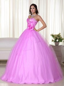 Pink Sweetheart Tulle Beaded Quinceanera Dresses with Hand Made Flowers