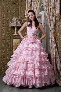 One Shoulder Baby Pink Ruffled Dress for Quince in Elastic Woven Satin