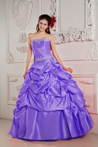 Purple Ball Gown Strapless Taffeta Dress for Quince with Beading and Pick Ups