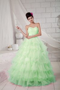 Apple Green Ball Gown Sweetheart Beaded Quinceanea Dresses in Organza