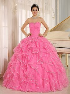 Rose Pink Quinceanera Dresses in Organza with Ruffles and Beading