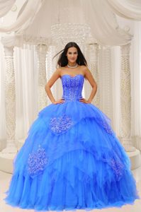 Stylish Aqua Blue Sweetheart Quinceanera with Embroidery in Tulle for Cheap