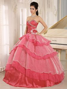 Red Sweetheart Beaded and Ruched Quinceanera Dress with Ruffled Layers