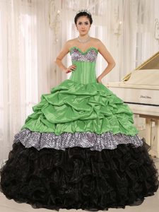 Green and Black Sweetheart Best Dresses for Quince with Pick Ups in Taffeta